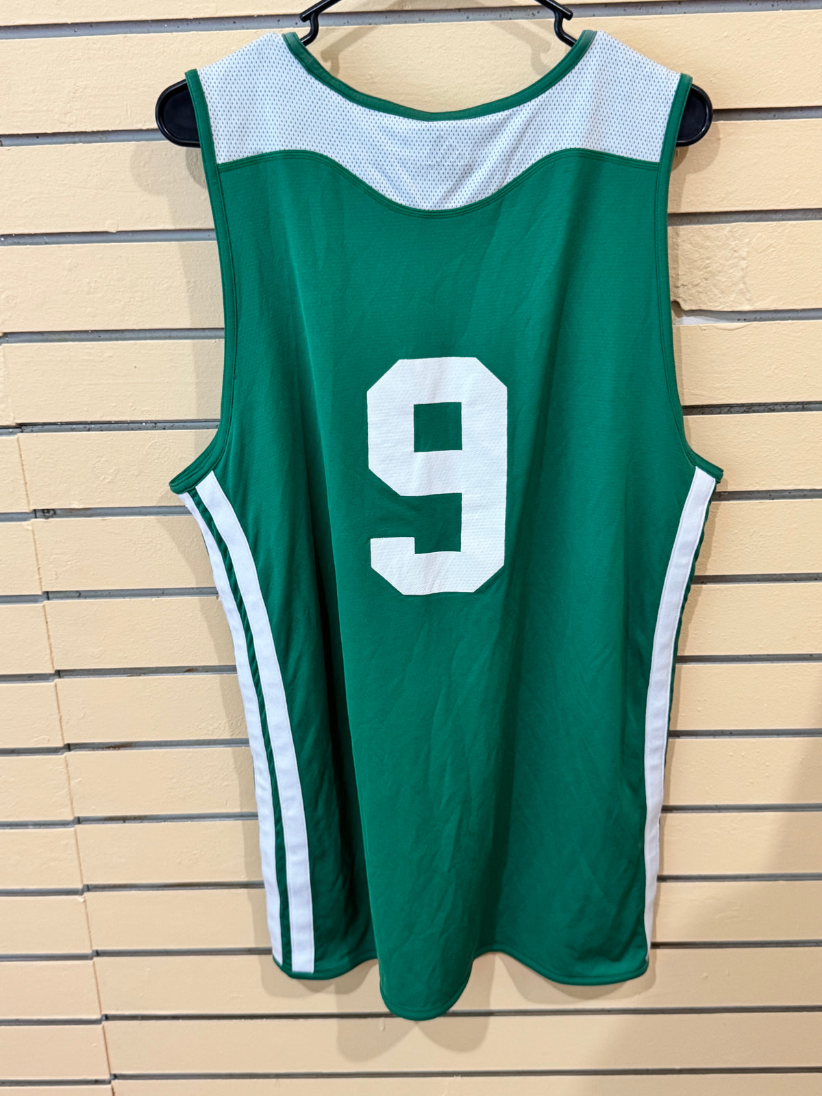 Adidas Boston Celtics NBA practice jersey size large features Rondo #9 and prominent "BOSTON BASKETBALL"
