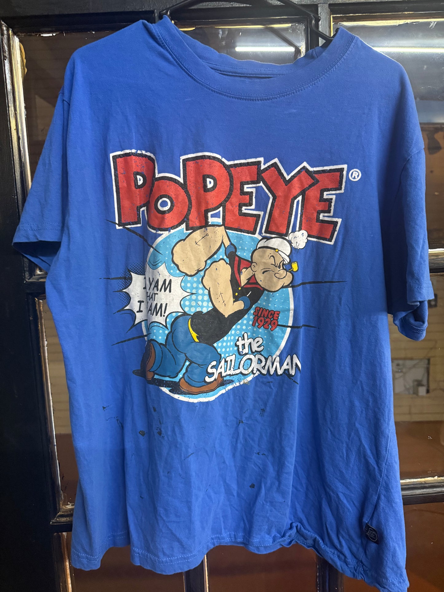 Blue Popeye the Sailor Man graphic t-shirt featuring the "I Yam What I Yam" catchphrase size XL