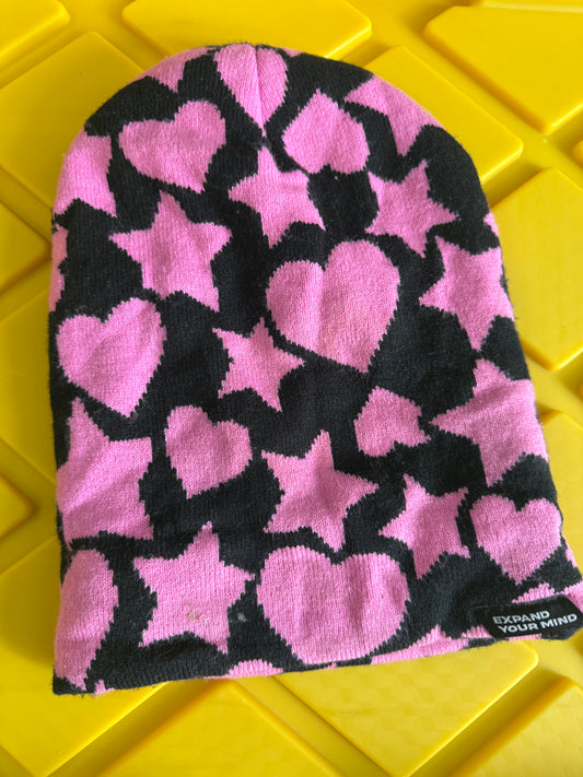 Black & Pink Beanie black knit fabric pattern of pink hearts and stars