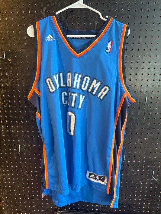 Adidas Russell Westbrook Oklahoma City Thunder jersey featuring his number "0" and name "Westbrook". Size large