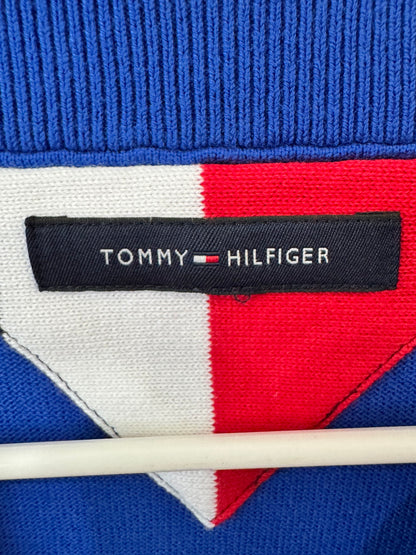 Blue Tommy Hilfiger Signature Script Colorblock Crewneck Sweater size large featuring a large embroidered logo.