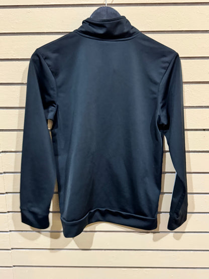 black Adidas boys' track jacket featuring iconic white three-stripes across the chest and down the sleeves. Size large youth