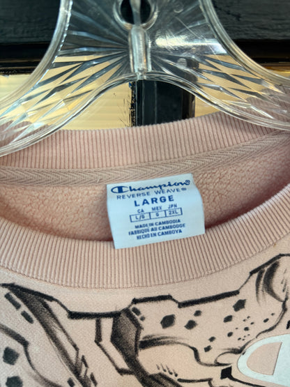 Champion Light Pink cropped crewneck sweatshirt, featuring an all-over black-and-white comic book panel manga sketch