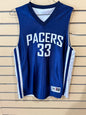 Royal Blue and White reversible youth basketball jersey size large featuring "PACERS 33,"