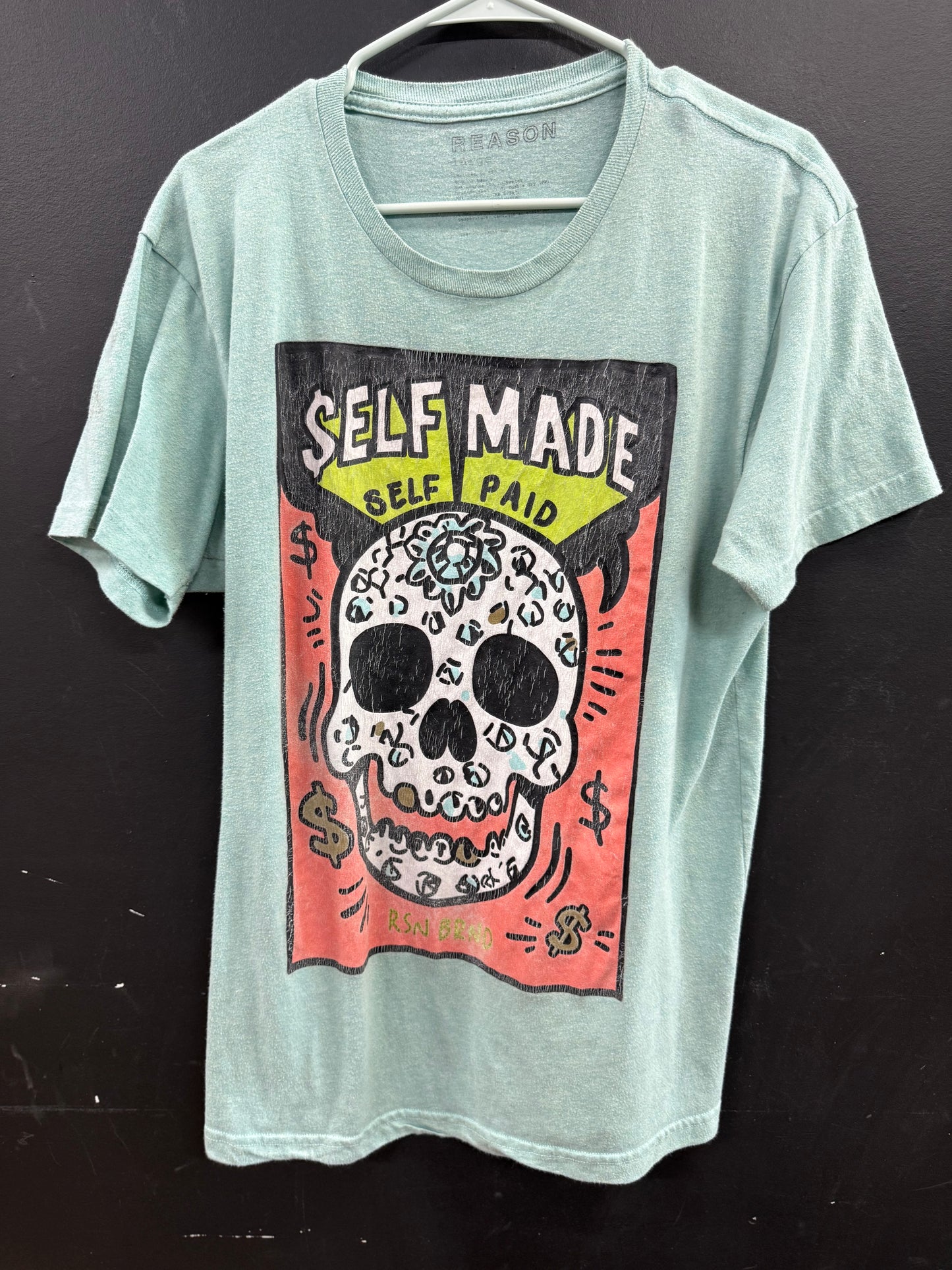Light Blue Reason Clothing "Self Made Self Paid" graphic t-shirt size large