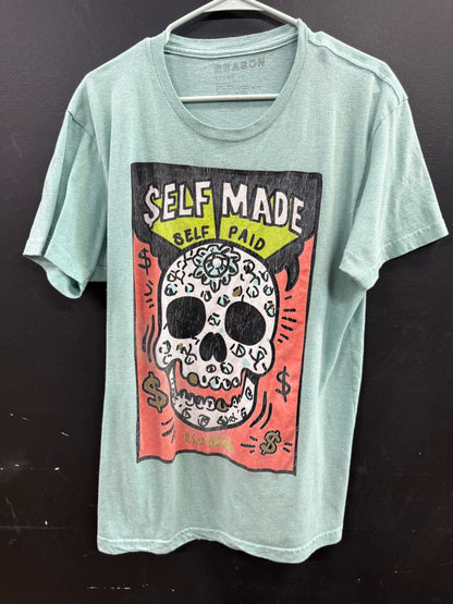 Light Blue Reason Clothing "Self Made Self Paid" graphic t-shirt size large