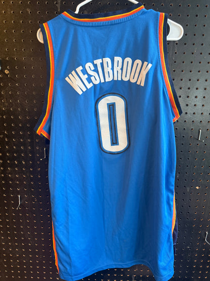 Adidas Russell Westbrook Oklahoma City Thunder jersey featuring his number "0" and name "Westbrook". Size large
