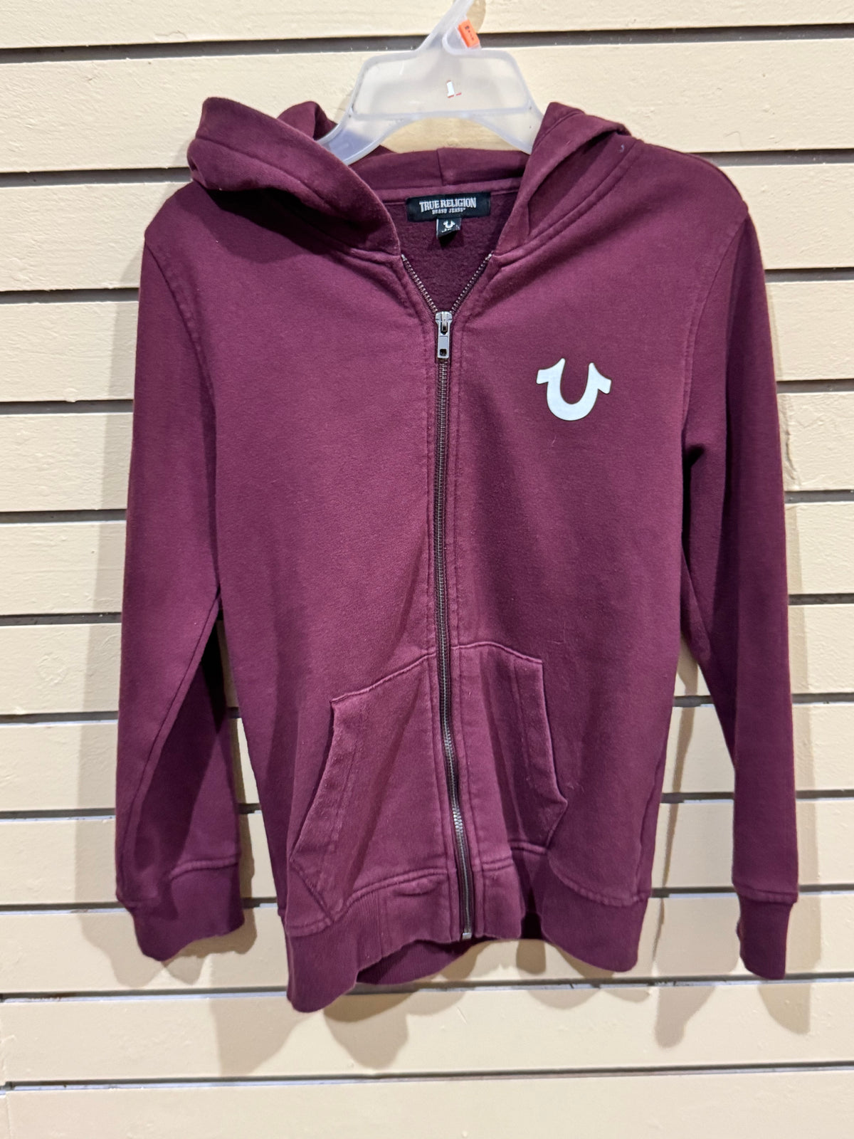 True Religion men's zip hoodie in burgundy size large back graphic of the Buddha