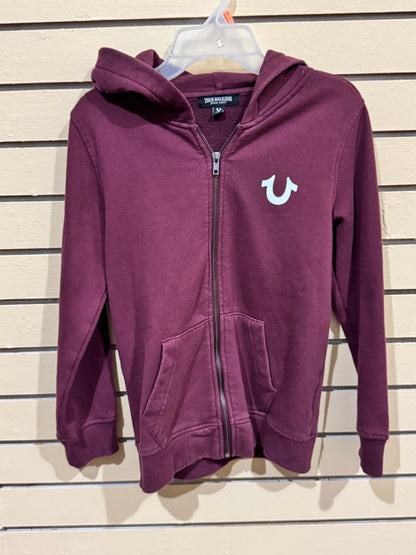 True Religion men's zip hoodie in burgundy size large back graphic of the Buddha