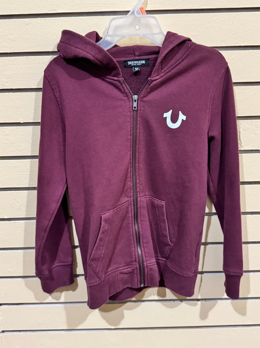 True Religion men's zip hoodie in burgundy size large back graphic of the Buddha