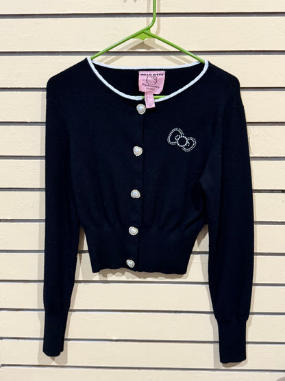 Hello kitty Forever 21 size large cardigan black cropped design rhinestone Hello Kitty bow accent and pearl-style buttons.