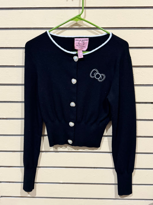 Hello kitty Forever 21 size large cardigan black cropped design rhinestone Hello Kitty bow accent and pearl-style buttons.