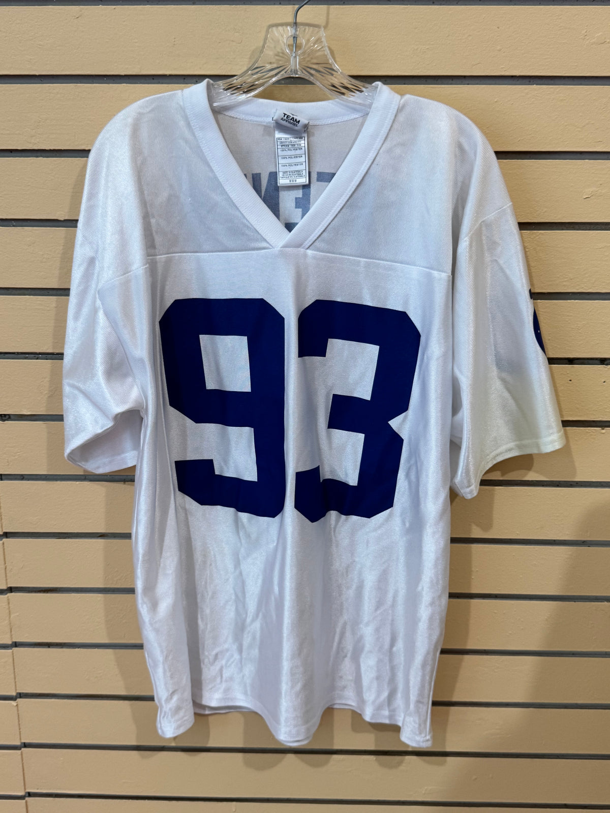 Vintage NFL Team Apparel Indianapolis Colts #93 Dwight Freeney white replica jersey size medium featuring bold blue block numbers on a mesh body.