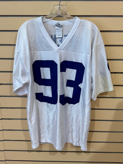 Vintage NFL Team Apparel Indianapolis Colts #93 Dwight Freeney white replica jersey size medium featuring bold blue block numbers on a mesh body.