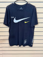 black Nike t-shirt features a large white swoosh logo size medium
