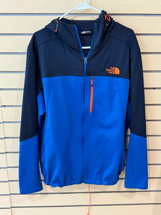 North Face Men's Apex Canyonwall Hybrid Hoodie size large in blue with prominent orange logo and zipper detailing.