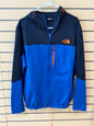 North Face Men's Apex Canyonwall Hybrid Hoodie size large in blue with prominent orange logo and zipper detailing.