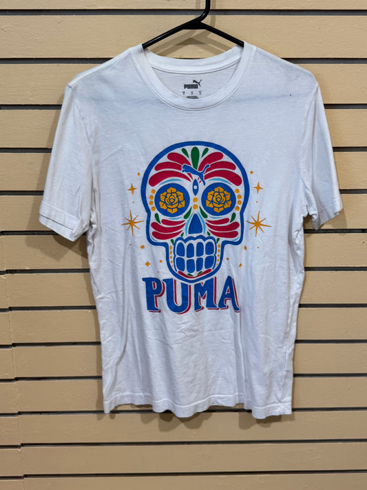 White Puma short-sleeve graphic t-shirt size Small colorful Day of the Dead (Cinco de Mayo / Día de los Muertos)