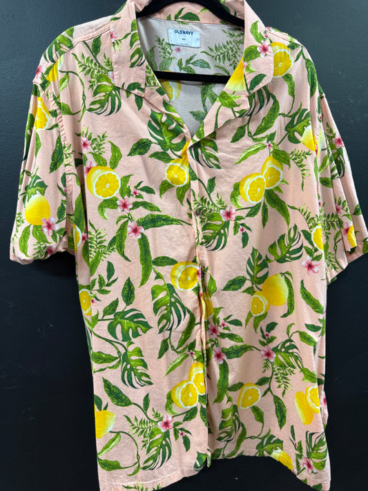 Old Navy men's pink short-sleeve camp shirt size xxl tropical lemon and green leaf pattern