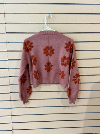 Simply Southern brand women’s Floral Rust Cropped Sweater size large featuring a dusty pink knit fabric and dark orange flower motifs.