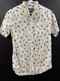 Brooklyn Cloth short-sleeve button-down shirt size small featuring colorful tropical parrot pattern.