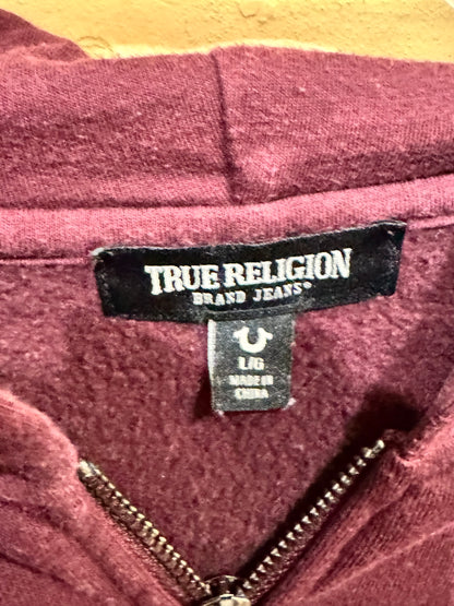 True Religion men's zip hoodie in burgundy size large back graphic of the Buddha