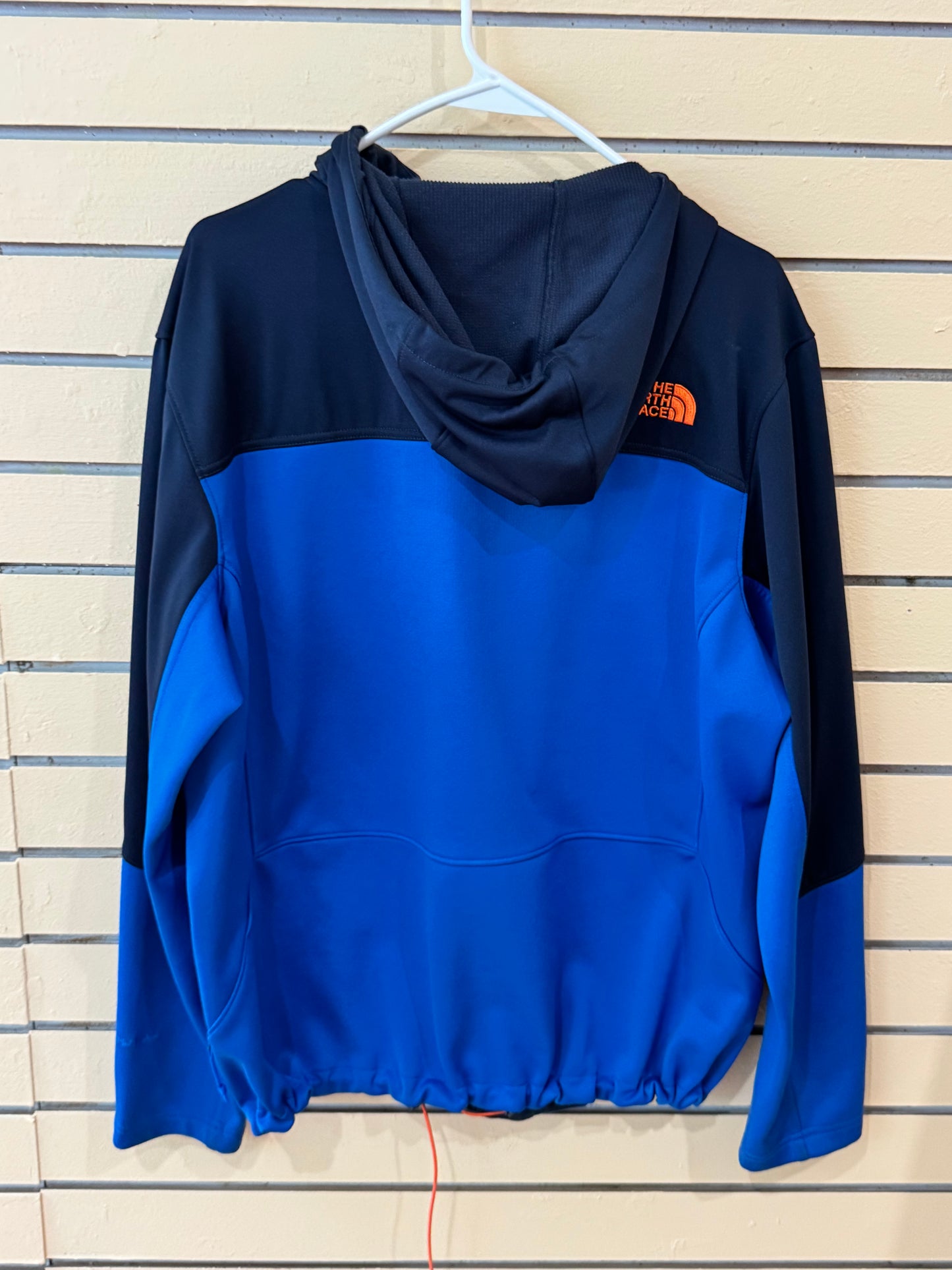 North Face Men's Apex Canyonwall Hybrid Hoodie size large in blue with prominent orange logo and zipper detailing.