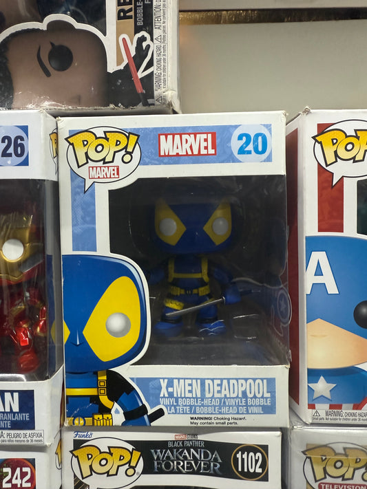 Funko Pop! Marvel #20 X-Men Deadpool vinyl figure featuring the character in a blue and yellow suit.