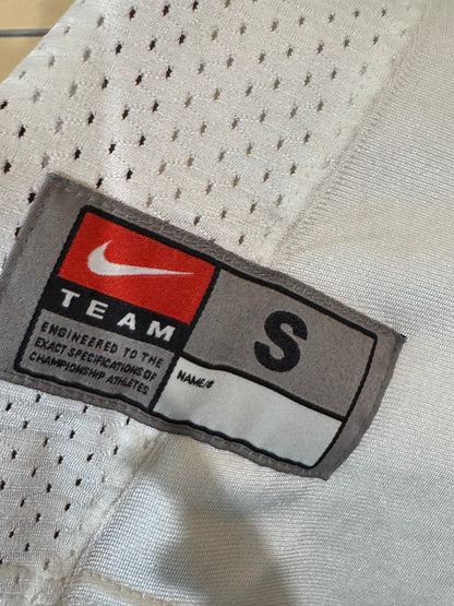 White Nike athletic football jersey size small featuring a large striped number "2" on the front and green sleeve cuffs.