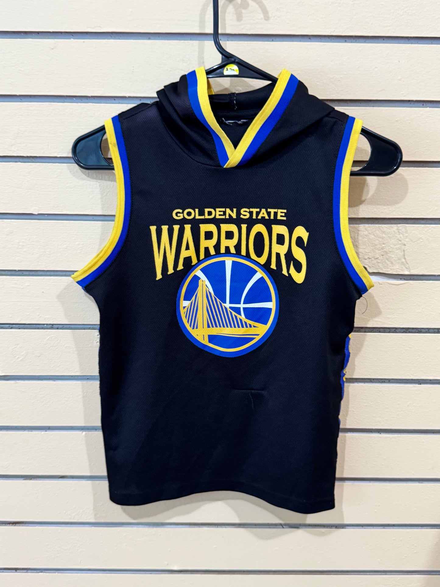 Official NBA Golden State Warriors youth sleeveless hooded jersey size small tank top in black with yellow and blue trim.