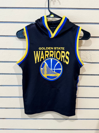 Official NBA Golden State Warriors youth sleeveless hooded jersey size small tank top in black with yellow and blue trim.