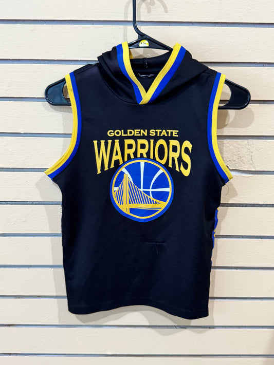 Official NBA Golden State Warriors youth sleeveless hooded jersey size small tank top in black with yellow and blue trim.