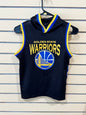 Official NBA Golden State Warriors youth sleeveless hooded jersey size small tank top in black with yellow and blue trim.