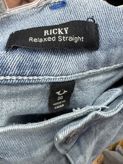 True Religion Distressed Blue Denim Ricky Relaxed Straight Straight-Leg size 30 Jeans with White Side Lacing