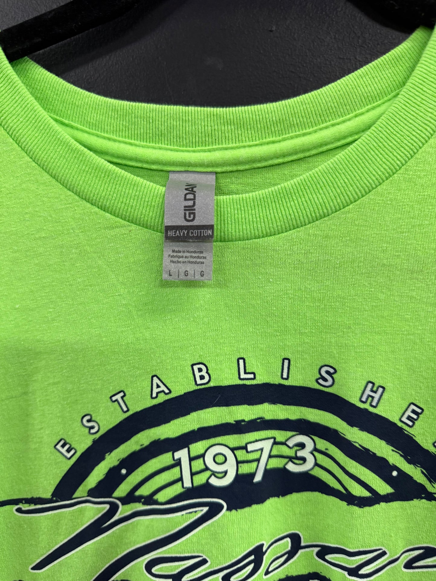 Neon Green Gildan "Nassau Bahamas" crewneck t-shirt size large