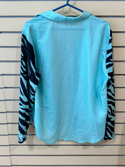 turquoise long-sleeve button-up shirt size xl with a striking graphic zebra face printed  and zebra stripe sleeves.