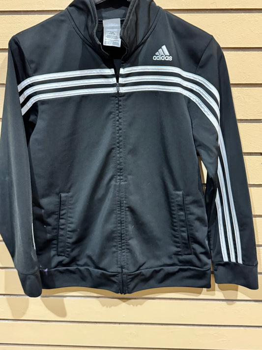black Adidas boys' track jacket featuring iconic white three-stripes across the chest and down the sleeves. Size large youth