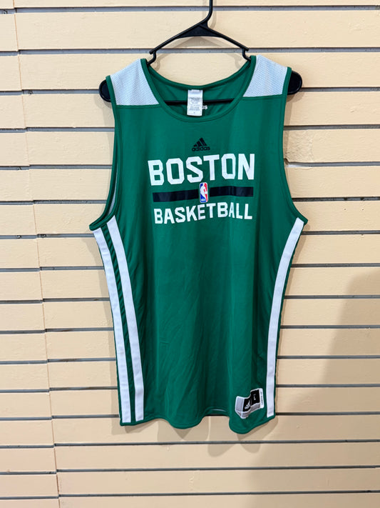 Adidas Boston Celtics NBA practice jersey size large features Rondo #9 and prominent "BOSTON BASKETBALL"