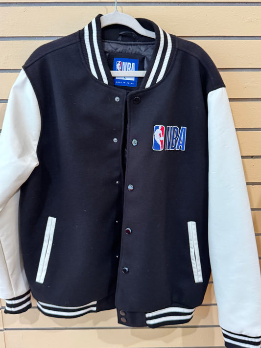 NBA official size large black and white varsity jacket wool-style body with contrasting sleeves and embroidered logos.