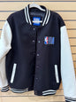 NBA official size large black and white varsity jacket wool-style body with contrasting sleeves and embroidered logos.