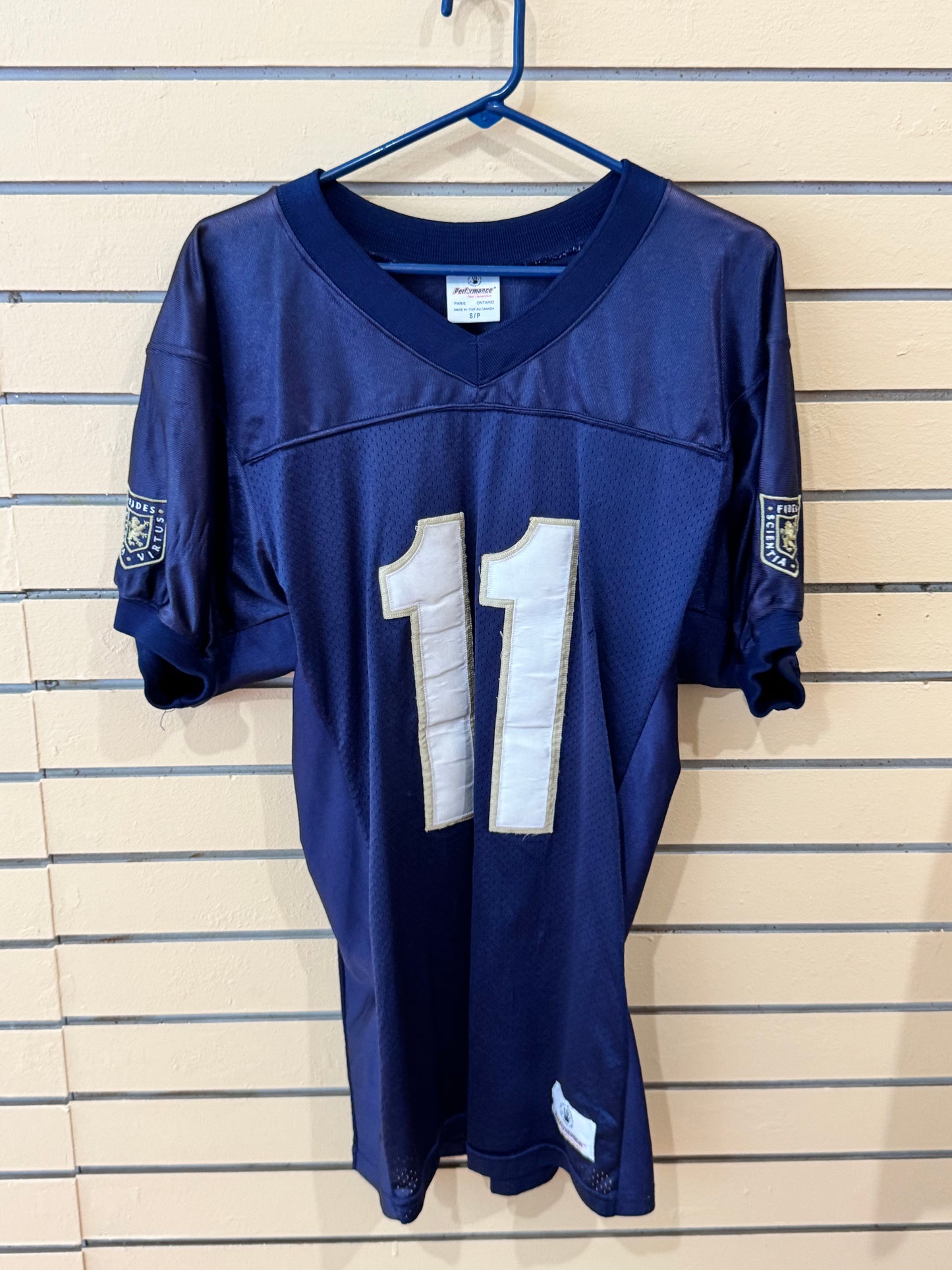 Navy blue and white Rawlings Providence Academy football jersey size youth small number 11