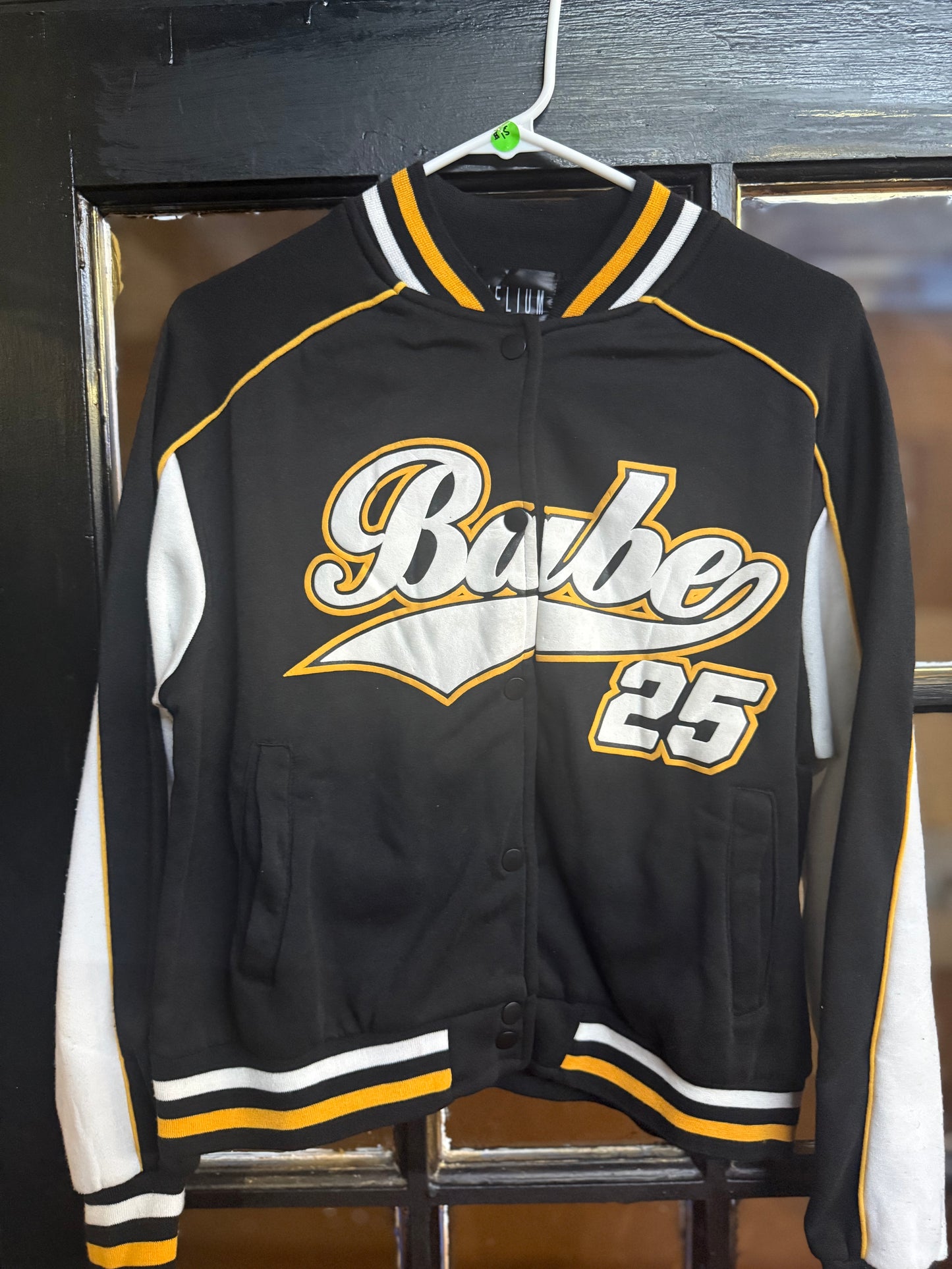 Helium Babe black and white varsity-style snap-button jacket size small