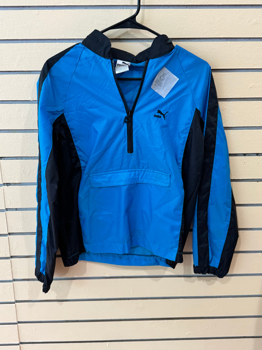 vintage Puma anorak jacket size small blue and black color scheme half-zip design.