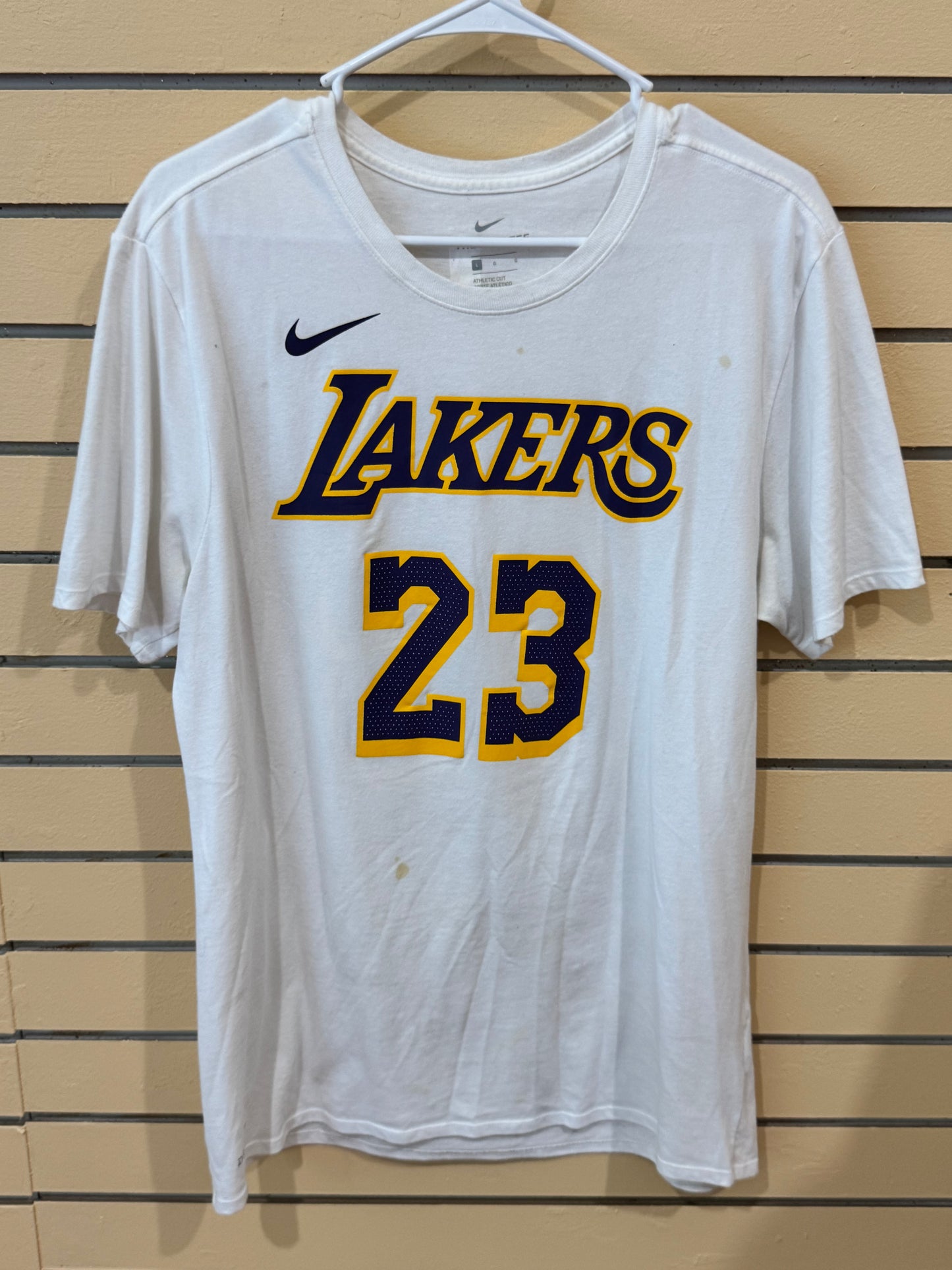 White Nike Los Angeles Lakers LeBron James #23 Dri-FIT NBA name number t-shirt size large
