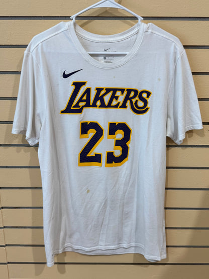White Nike Los Angeles Lakers LeBron James #23 Dri-FIT NBA name number t-shirt size large