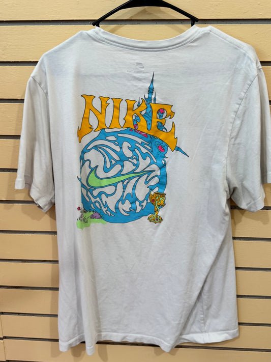 white Nike Fantasy/Mystic Magic t-shirt features size large