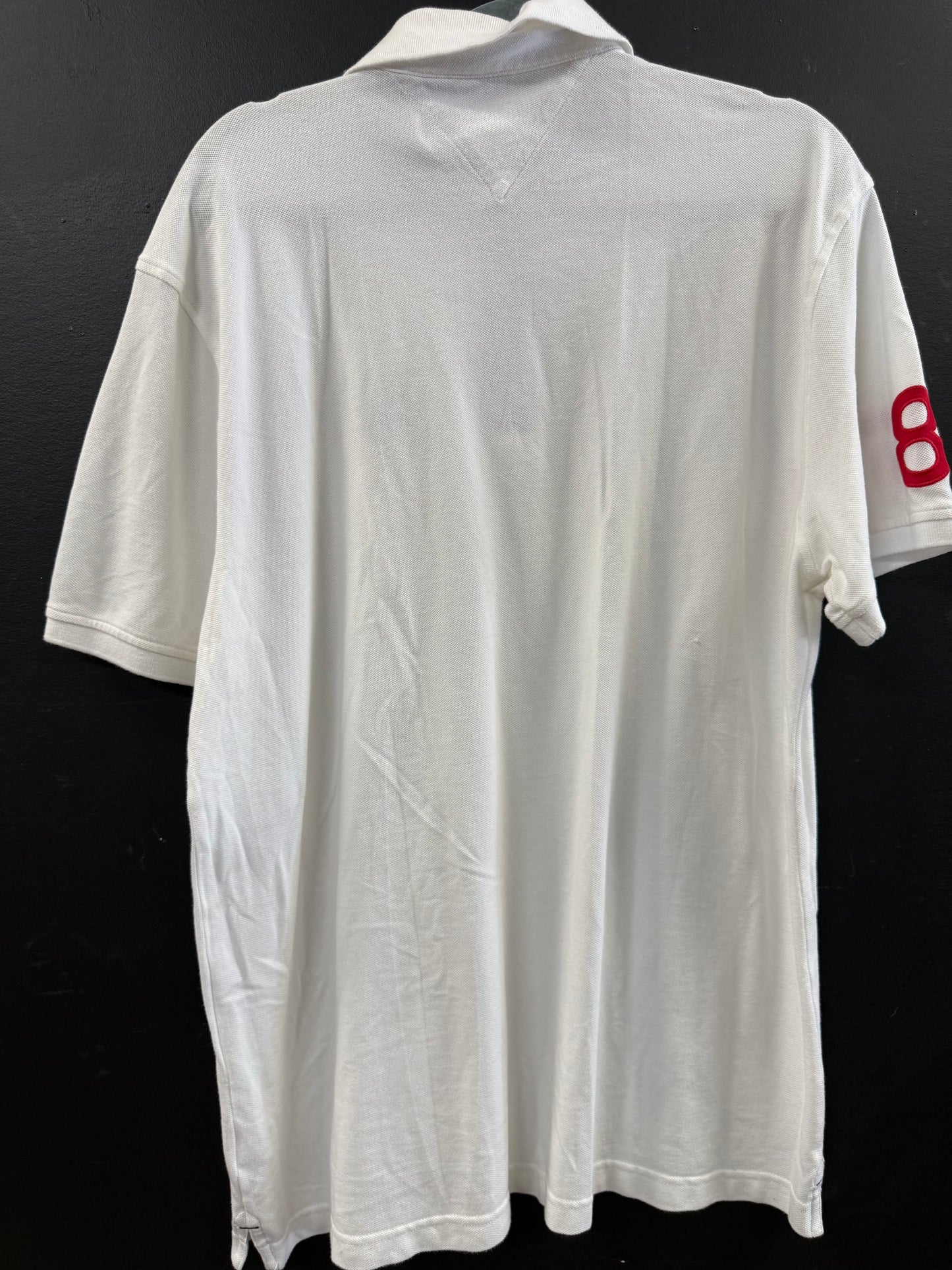 White Tommy Hilfiger custom-fit pique polo shirt size xl with a navy blue embroidered "H" logo