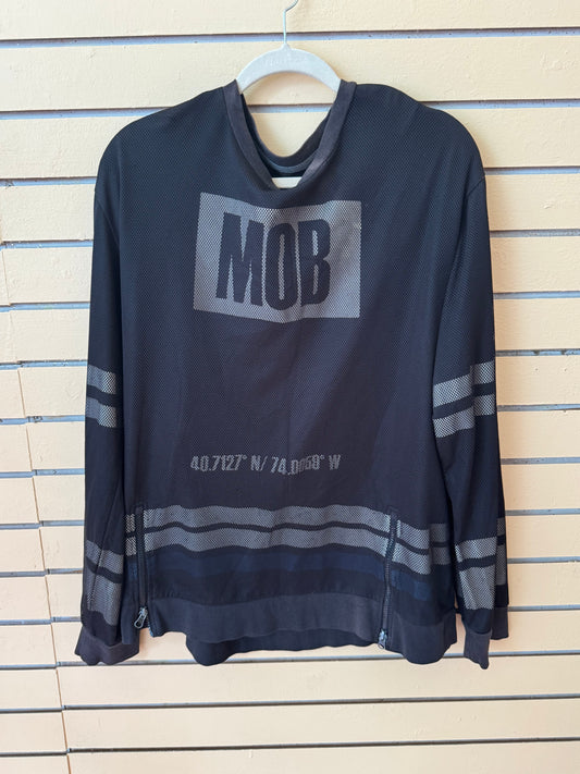 Black mesh long-sleeve top "MOB" graphic t-shirt