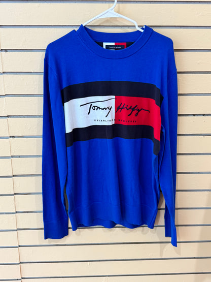 Blue Tommy Hilfiger Signature Script Colorblock Crewneck Sweater size large featuring a large embroidered logo.
