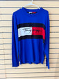 Blue Tommy Hilfiger Signature Script Colorblock Crewneck Sweater size large featuring a large embroidered logo.